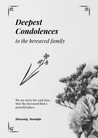 Deepest Condolence on Death with Black and White Flowers Postcard A6 Vertical Design Template