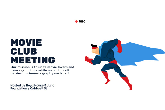 Movie Club Meeting Announcement with Superhero Postcard 4x6inデザインテンプレート