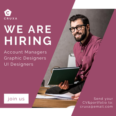 Vacancy Ad with Man with Glasses and Folder Instagram Design Template