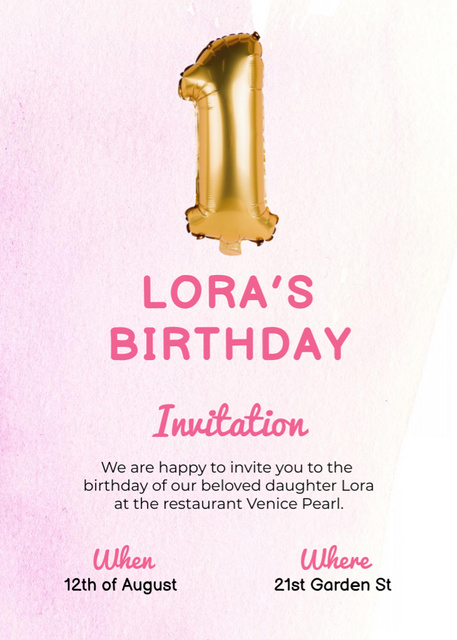 One years old Girl Birthday Party Announcement Invitation Šablona návrhu