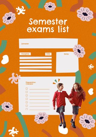 Semester Exams List with Kids and Flowers Schedule Planner Design Template