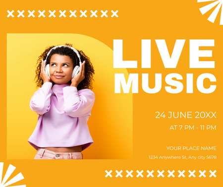 Live Music Concert with Young African American Woman in Headphones Facebook Design Template