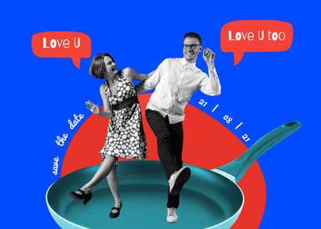Template di design Divertente coppia di innamorati in padella in blu Postcard 5x7in