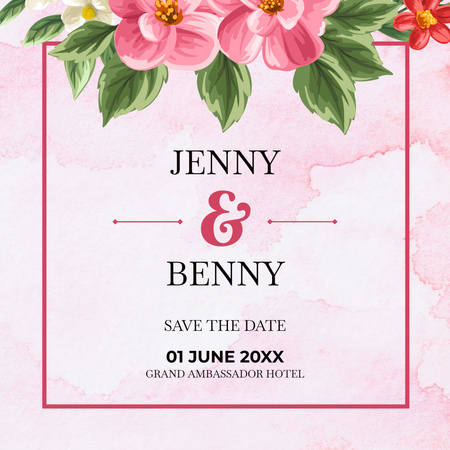 Wedding Invitation with Pink Flower Instagram Design Template