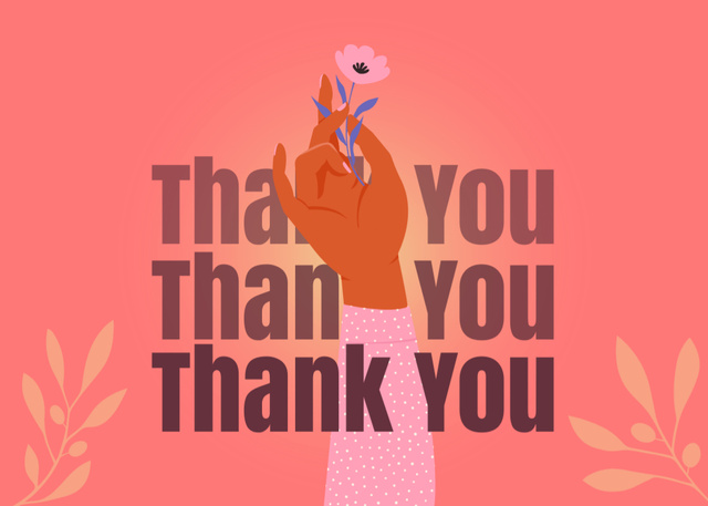 Cute Thankful Phrase with Hand Holding Pink Flower Postcard 5x7in Design Template