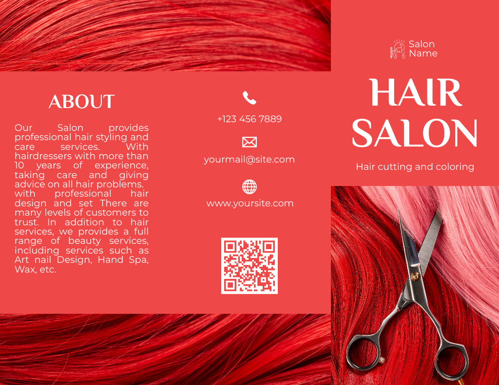 Ontwerpsjabloon van Brochure 8.5x11in van Hair Salon Ad with Red and Pink Hair