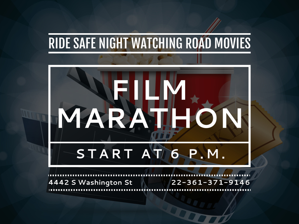 Film Marathon Night Announcement with Cinema Attributes Poster 18x24in Horizontal Design Template