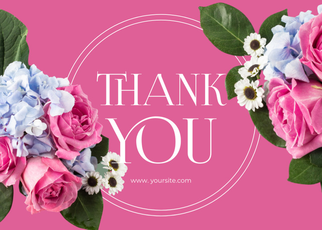 Plantilla de diseño de Thank You Message for Purchase with Fresh Flowers on Pink Postcard 5x7in 