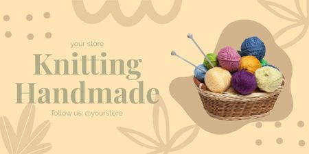 Knitting Store Ad with Knitted Balls in Wicker Basket Twitter Design Template