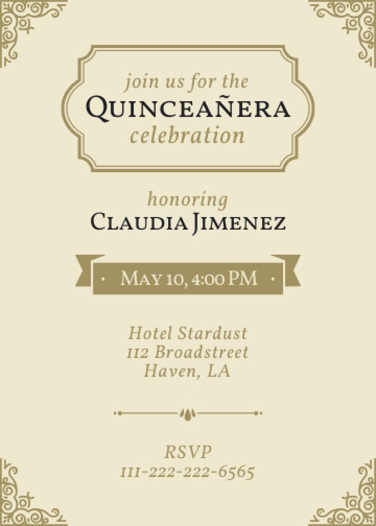 Chic Quinceañera Celebration Announcement With Ornaments Invitationデザインテンプレート