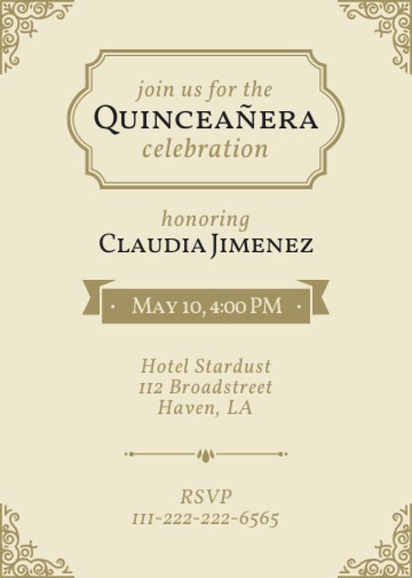 Chic Quinceañera Celebration Announcement With Ornaments Invitation Tasarım Şablonu