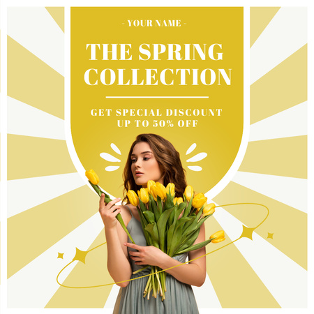 Szablon projektu Spring Sale Offer with Woman with Yellow Tulips Instagram AD