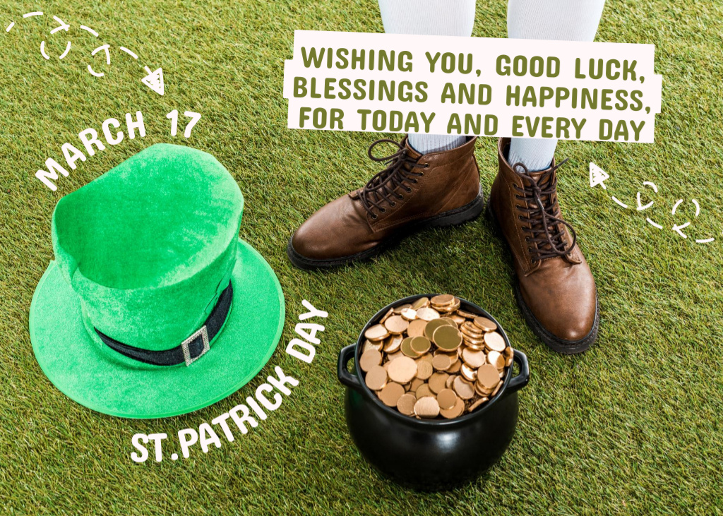 Designvorlage St. Patrick's Day Wishes with Pot of Gold and Hat für Postcard 5x7in