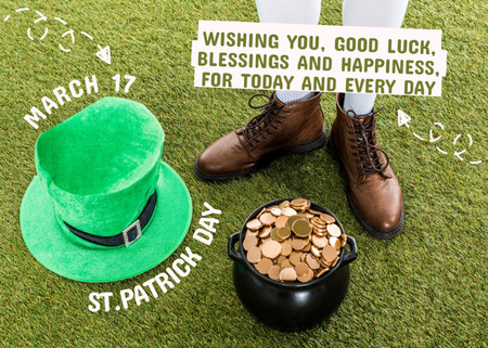 St. Patrick's Day Wishes with Pot of Gold and Hat Postcard 5x7in Design Template