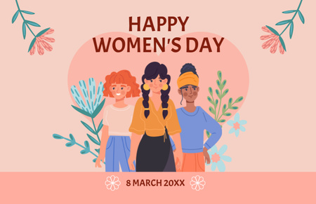 International Women's Day Greeting with Diverse Girls Thank You Card 5.5x8.5in – шаблон для дизайна