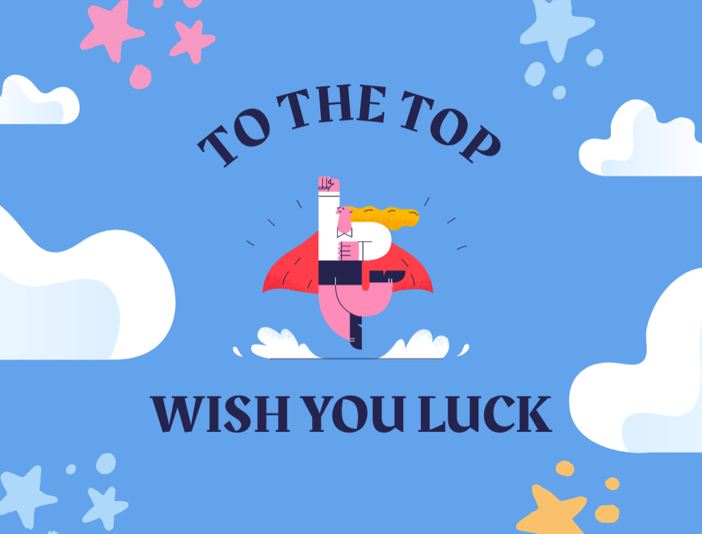 Good Luck Wishes with Flying Woman Illustration Postcard 4.2x5.5in – шаблон для дизайну