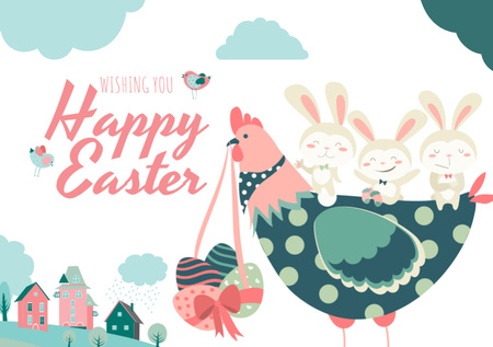 Platilla de diseño Easter Wishes With Chicken And Bunnies Postcard A5