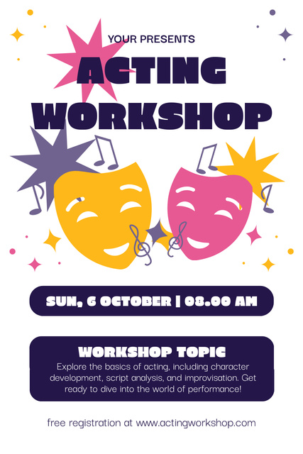 Acting Workshop Announcement with Bright Masks Pinterest Design Template