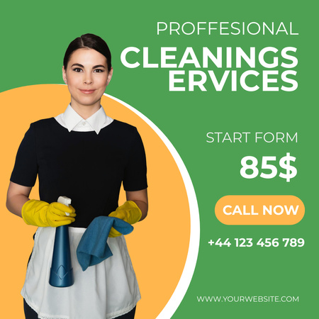 Cleaning Service Ad with Woman in Yellow Gloved Instagram AD Tasarım Şablonu