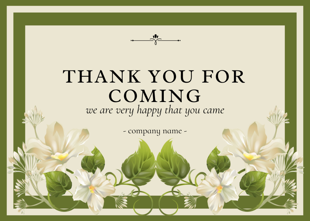 Plantilla de diseño de Thank You For Coming Message with White Flowers Card 