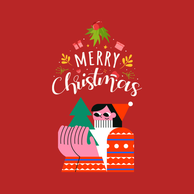 Sale Announcement with Cartoon Woman and Christmas Tree on Red Instagram Design Template