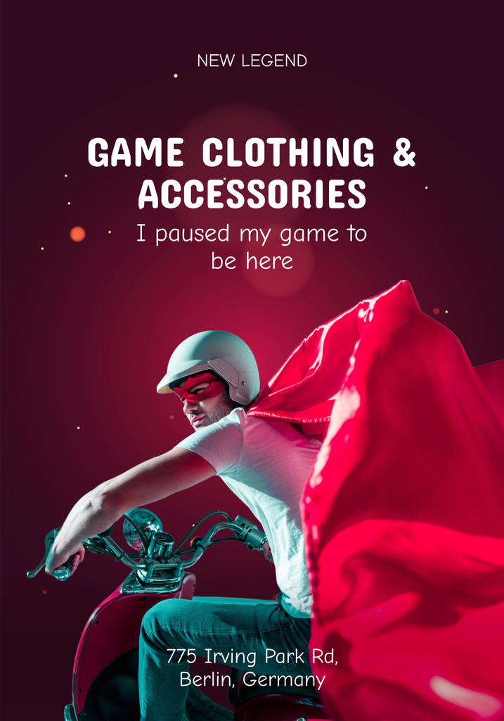 Designvorlage Gaming Merch Offer with Man in Superhero Cloak für Poster 28x40in