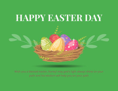 Boyalı Yumurtalı Hasır Tabakla Mutlu Paskalya Günü Dilekleri Thank You Card 5.5x4in Horizontal Tasarım Şablonu
