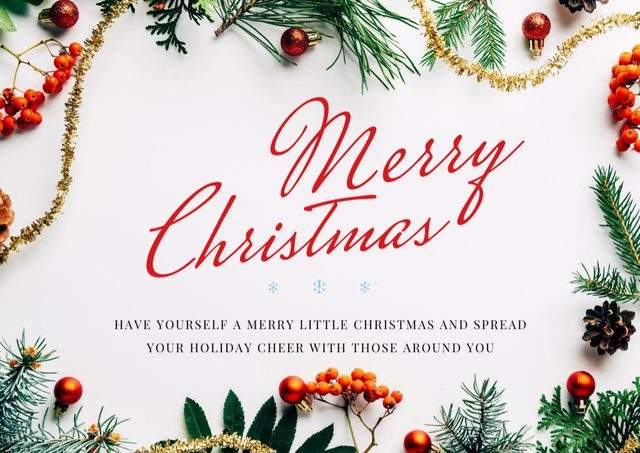 Merry Christmas Greeting with Fir Branches and Ornaments Postcard Design Template