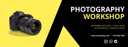 Modèle de visuel Invitation à un atelier de photographie sur noir et jaune - Facebook cover
