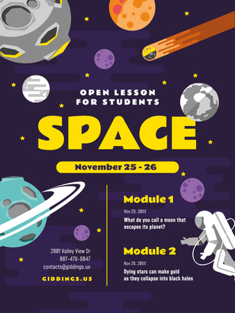 Space Lesson Announcement with Astronaut and Planets Poster US Design Template