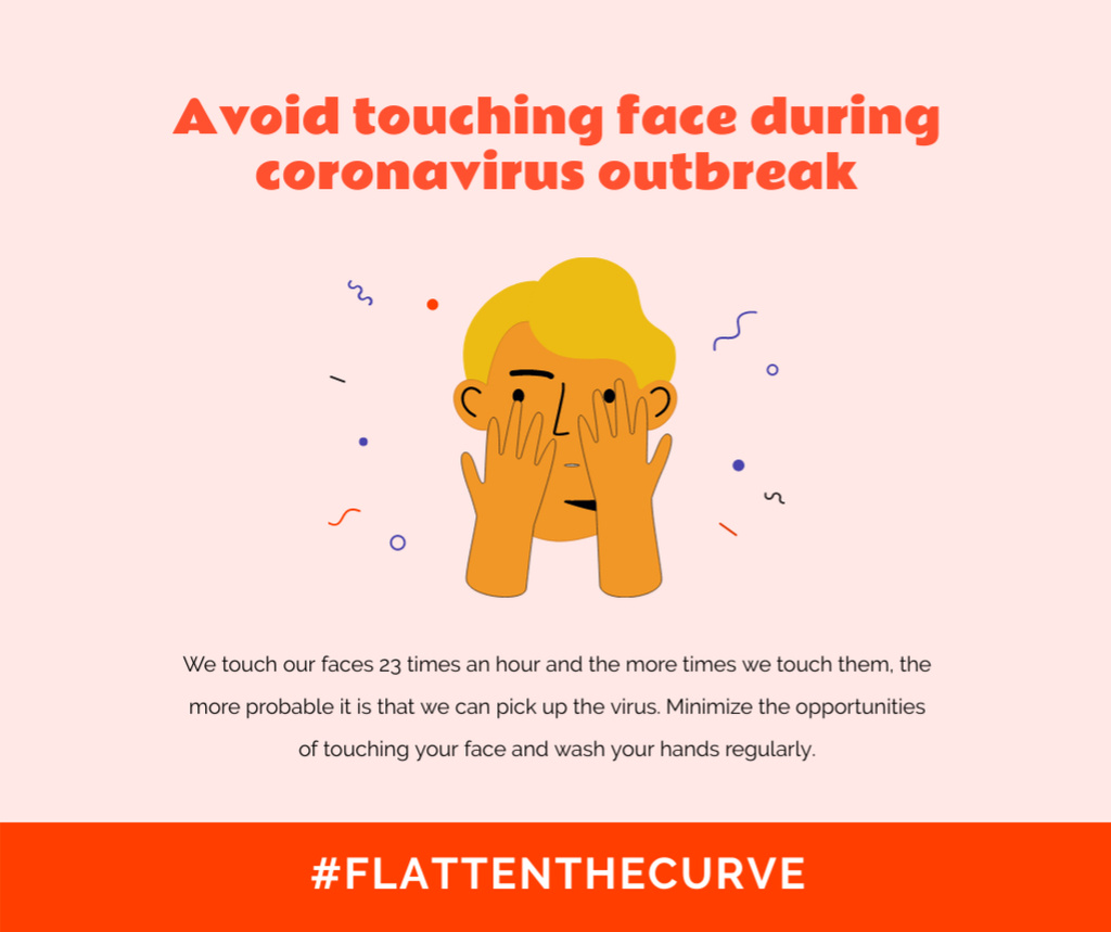 #FlattenTheCurve Coronavirus awareness with Man touching face Facebook Πρότυπο σχεδίασης