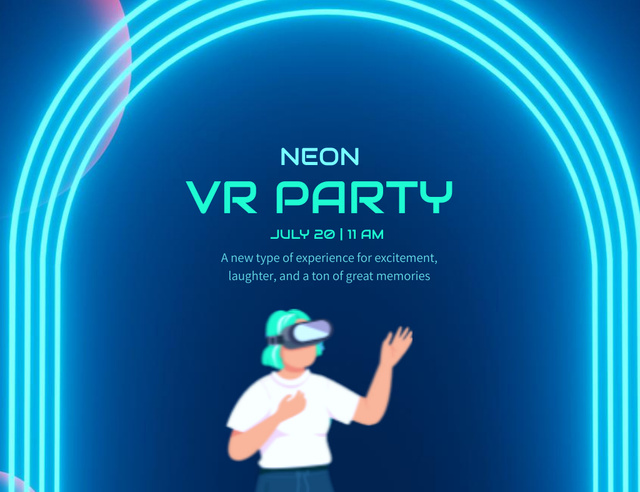 Plantilla de diseño de Neon Virtual Party Announcement Invitation 13.9x10.7cm Horizontal 