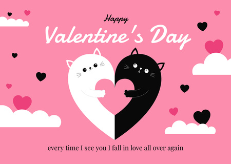 Happy Valentine's Day Greetings with Cute Cartoon Cats Card Design Template