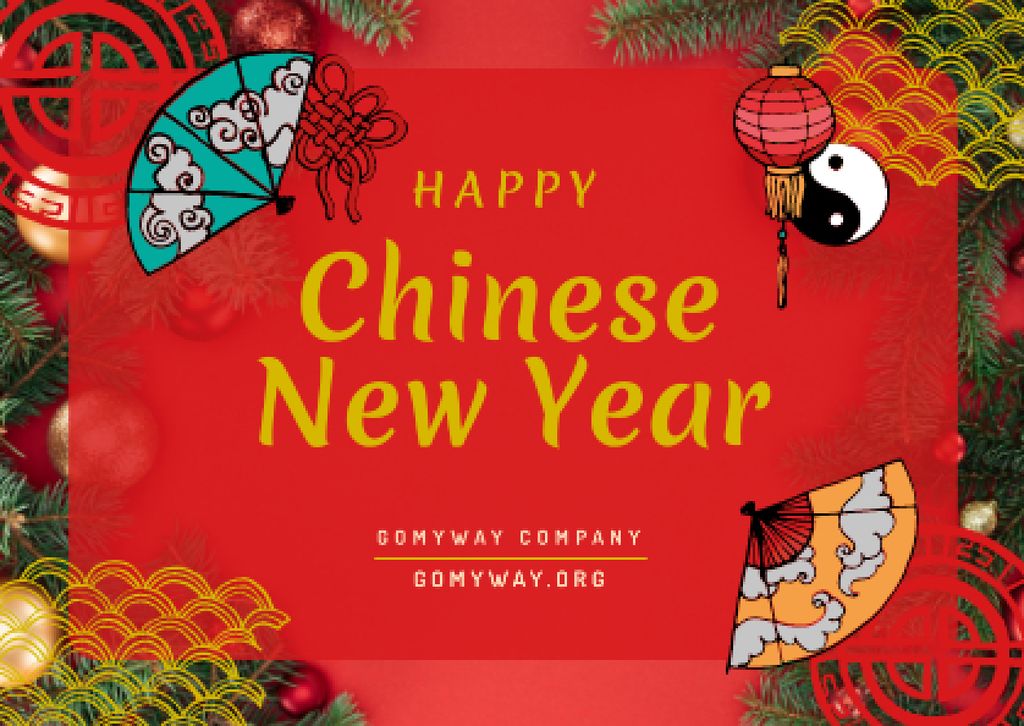 Chinese New Year Greeting with Asian Symbols Card Design Template