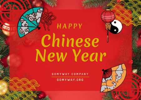 Chinese New Year Greeting with Asian Symbols Cardデザインテンプレート