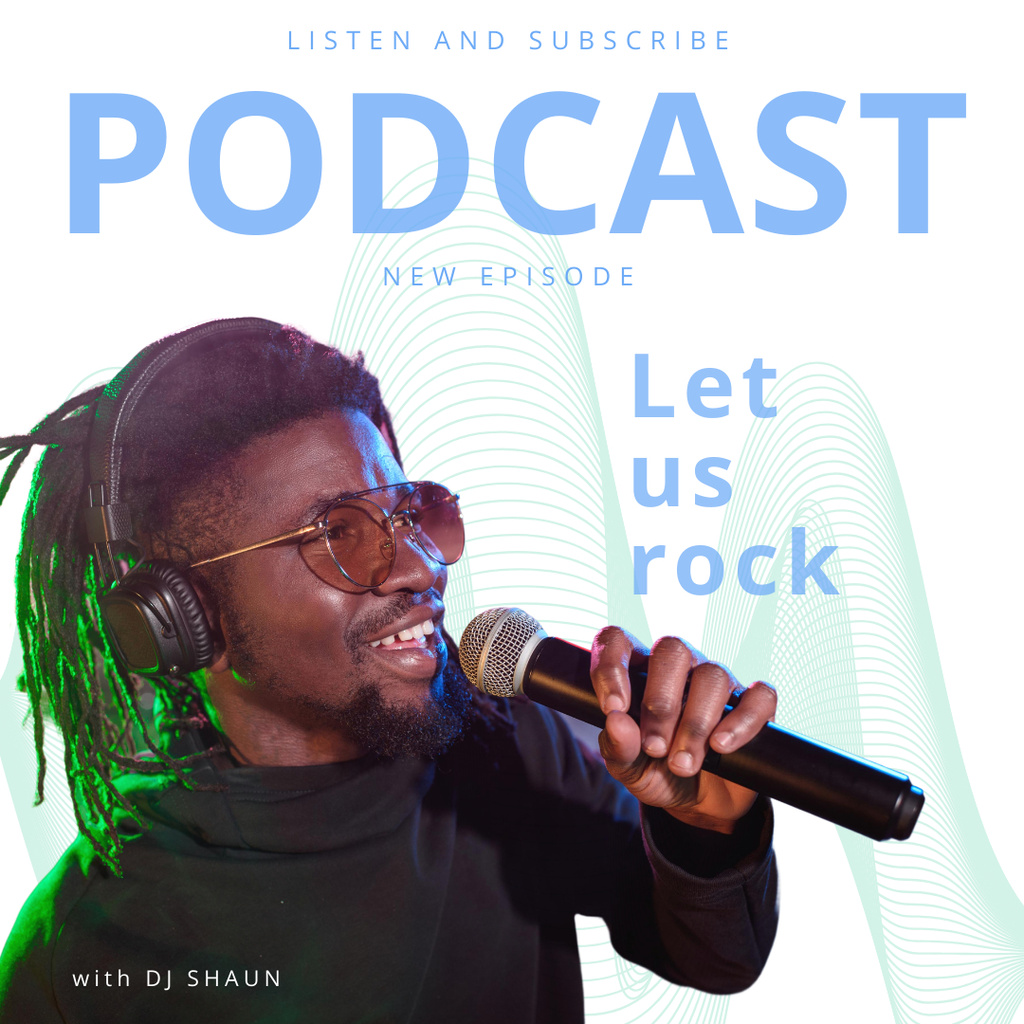 Podcast Advertisement with African American Man with Microphone Instagram Design Template