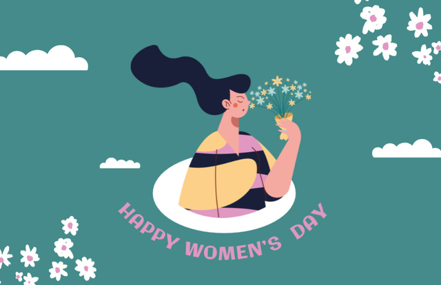Women's Day Greeting with Lady Holding Flowers Thank You Card 5.5x8.5in Modelo de Design