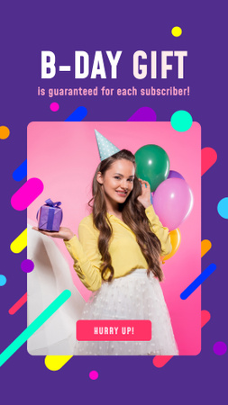 Plantilla de diseño de celebración de cumpleaños chica con regalo y globos Instagram Story 