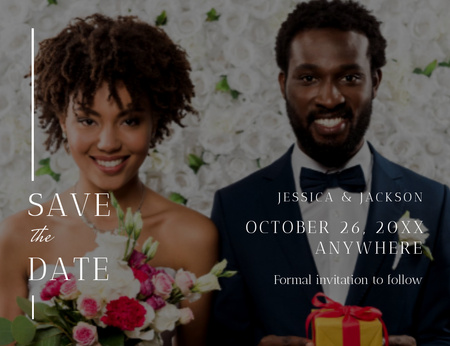 Salve o cartão de casamento de data com casal afro-americano sorridente Thank You Card 5.5x4in Horizontal Modelo de Design