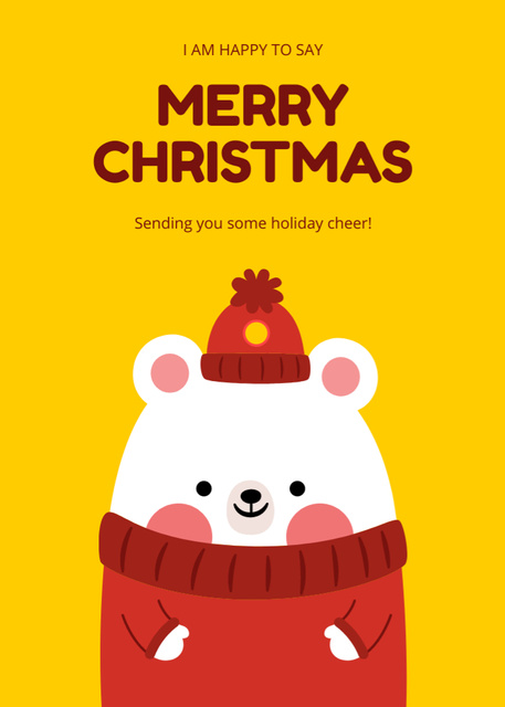 Christmas Cheers With Cartoon Bear in Hat Postcard 5x7in Vertical Tasarım Şablonu