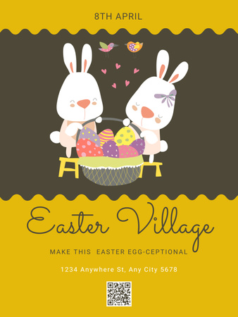 Plantilla de diseño de Anuncio de celebración de Pascua con lindos conejos y canasta llena de huevos de Pascua Poster US 
