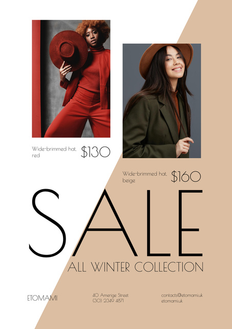 Seasonal Sale with Woman Wearing Stylish Hat Poster Design Template