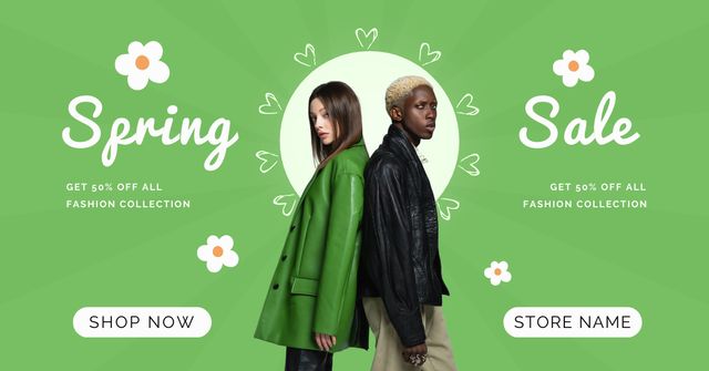 Spring Sale Announcement with Young Stylish Couple Facebook AD Modelo de Design