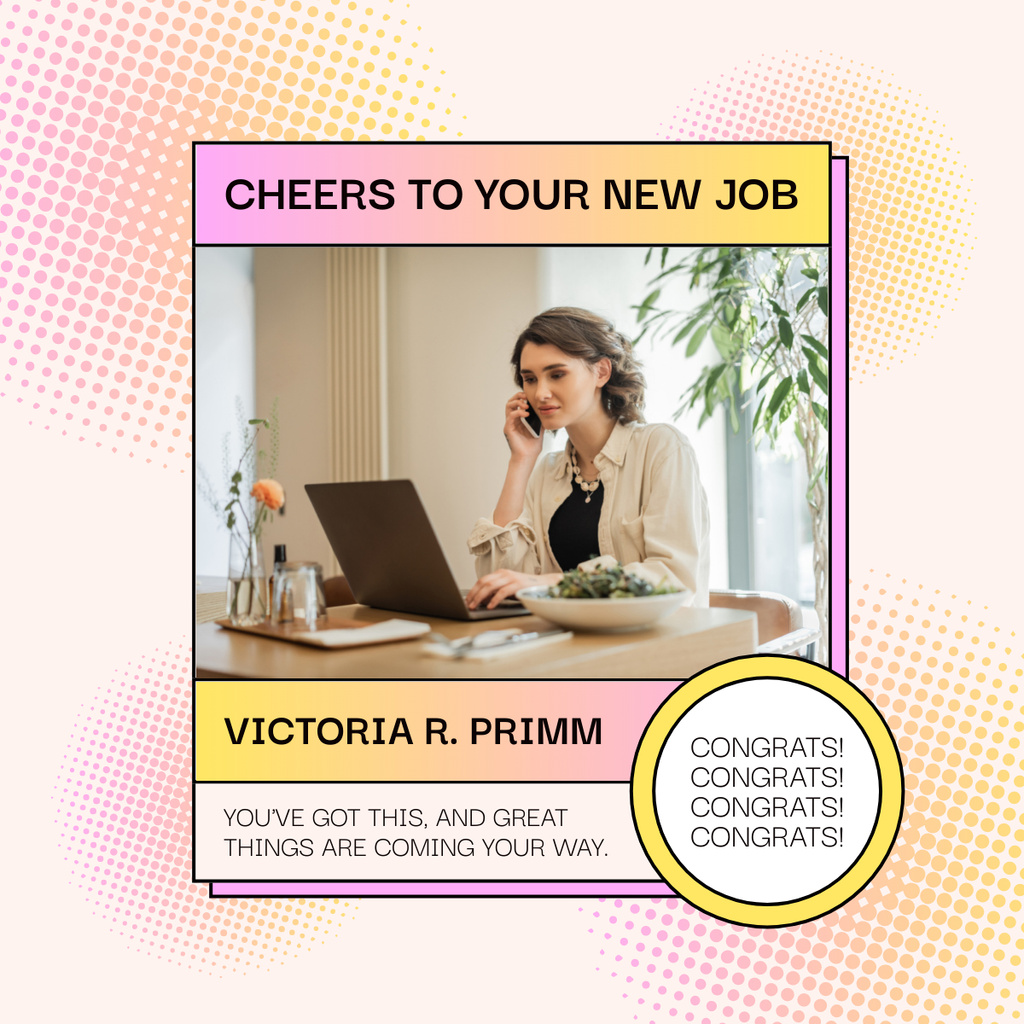 Modèle de visuel Young Beautiful Woman at New Job in Office - LinkedIn post