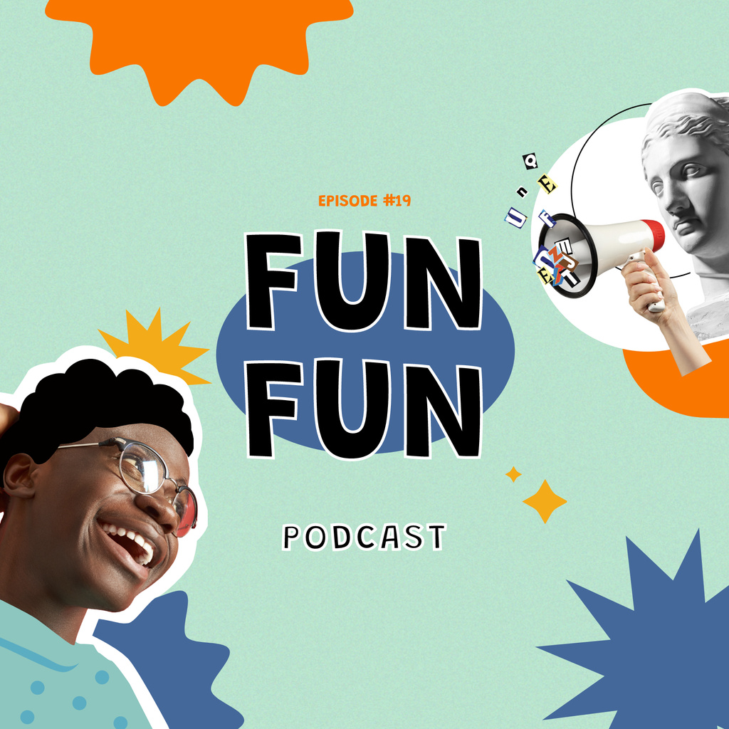 Fun-filled Comedy Podcast Announcement with Funny Statue Podcast Cover Design Template