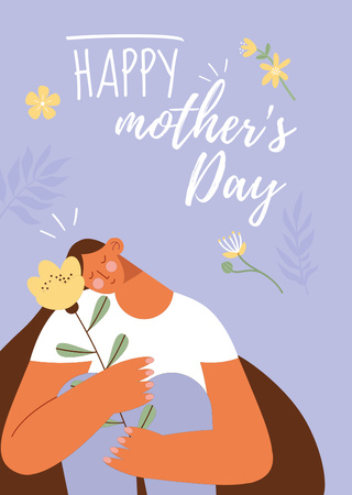 Mother's Day Greeting with Woman and Yellow Flower Postcard A6 Vertical Design Template