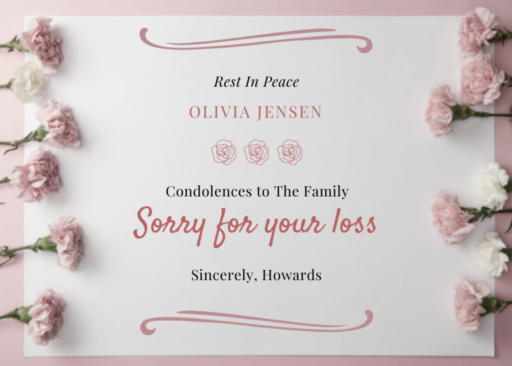 Template di design We Are Sorry for Your Loss with Pink Flowers Postcard 5x7in