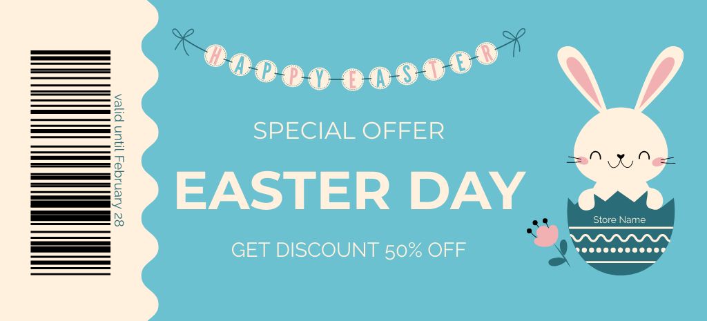 Easter Holiday Deal with Cute Rabbit in Egg Coupon 3.75x8.25in Design Template