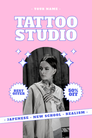 Platilla de diseño Various Tattoo Styles In Studio Offer With Discount Pinterest
