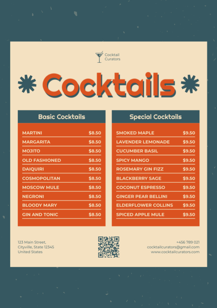 Cocktails' Retro Style Price-List Menu tervezősablon